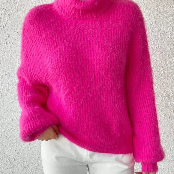 Hot Pink Casual Women's Turtleneck Drop Shoulder Fuzzy Sweater - Picture 3 of 6